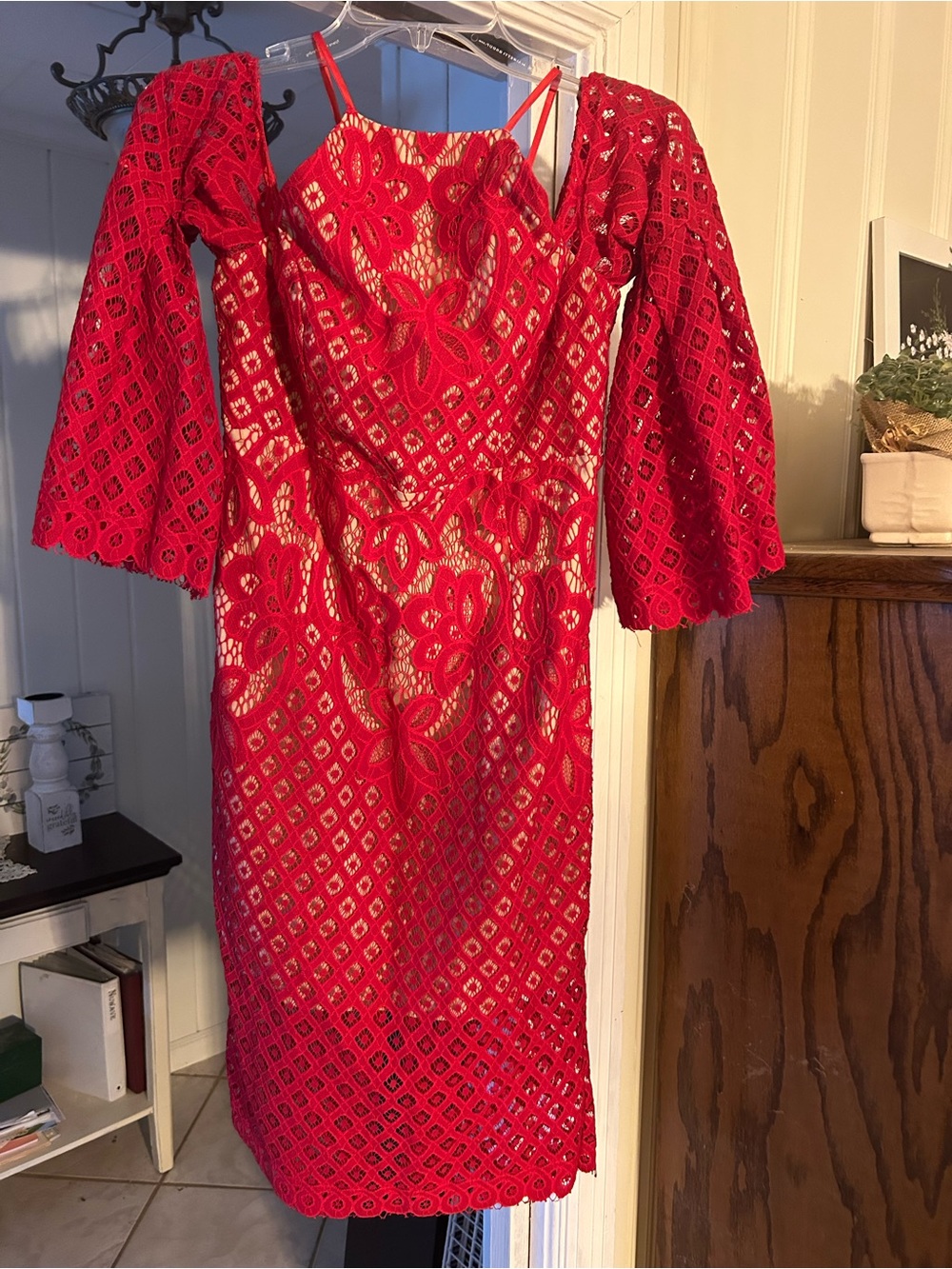 Bardot Red Lace Off-Shoulder Midi Dress with Bell Sleeves